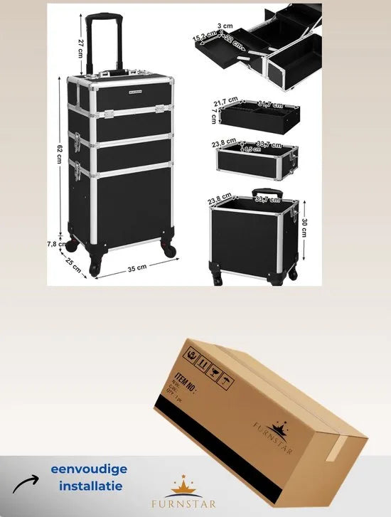 FurnStar - Cosmetische koffer - Professionele make-upkoffer - 3-in-1 Reiscosmetische koffer - Grote trolley voor kappers - Afsluitbaar - met 360° draaibare universele wielen - Zwart