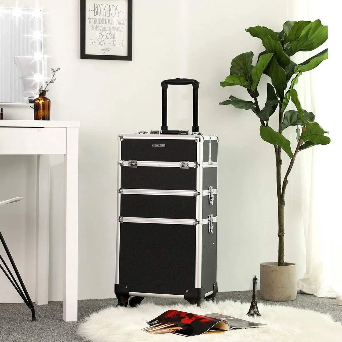 FurnStar - Cosmetische koffer - Professionele make-upkoffer - 3-in-1 Reiscosmetische koffer - Grote trolley voor kappers - Afsluitbaar - met 360° draaibare universele wielen - Zwart