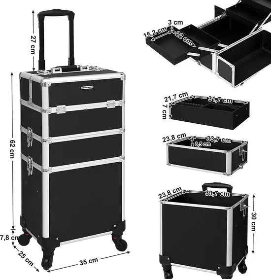 FurnStar - Cosmetische koffer - Professionele make-upkoffer - 3-in-1 Reiscosmetische koffer - Grote trolley voor kappers - Afsluitbaar - met 360° draaibare universele wielen - Zwart