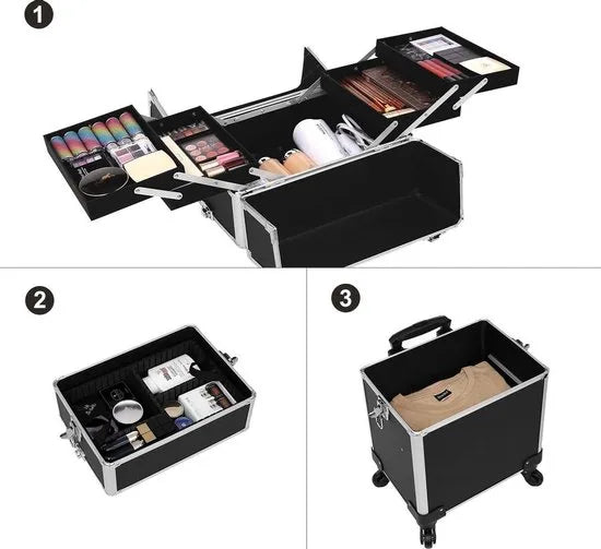 FurnStar - Cosmetische koffer - Professionele make-upkoffer - 3-in-1 Reiscosmetische koffer - Grote trolley voor kappers - Afsluitbaar - met 360° draaibare universele wielen - Zwart