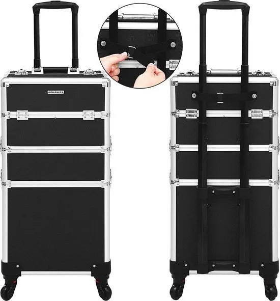 FurnStar - Cosmetische koffer - Professionele make-upkoffer - 3-in-1 Reiscosmetische koffer - Grote trolley voor kappers - Afsluitbaar - met 360° draaibare universele wielen - Zwart