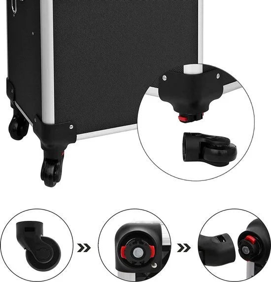 FurnStar - Cosmetische koffer - Professionele make-upkoffer - 3-in-1 Reiscosmetische koffer - Grote trolley voor kappers - Afsluitbaar - met 360° draaibare universele wielen - Zwart
