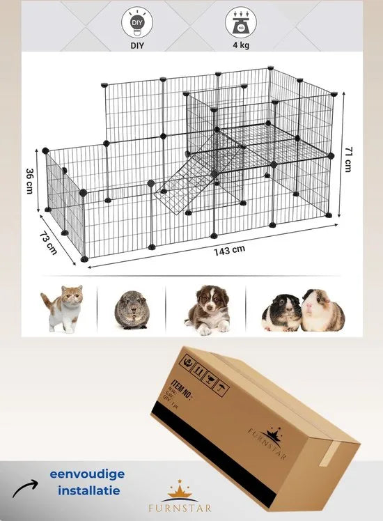 FurnStar - Dierenren - 2 Niveaus - Modulaire Ren Voor Kleine Dieren - Konijnen - Cavia's - Gaaspanelen - Voor Binnengebruik - 143 x 73 x 71 cm - Zwart