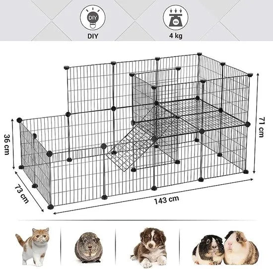 FurnStar - Dierenren - 2 Niveaus - Modulaire Ren Voor Kleine Dieren - Konijnen - Cavia's - Gaaspanelen - Voor Binnengebruik - 143 x 73 x 71 cm - Zwart