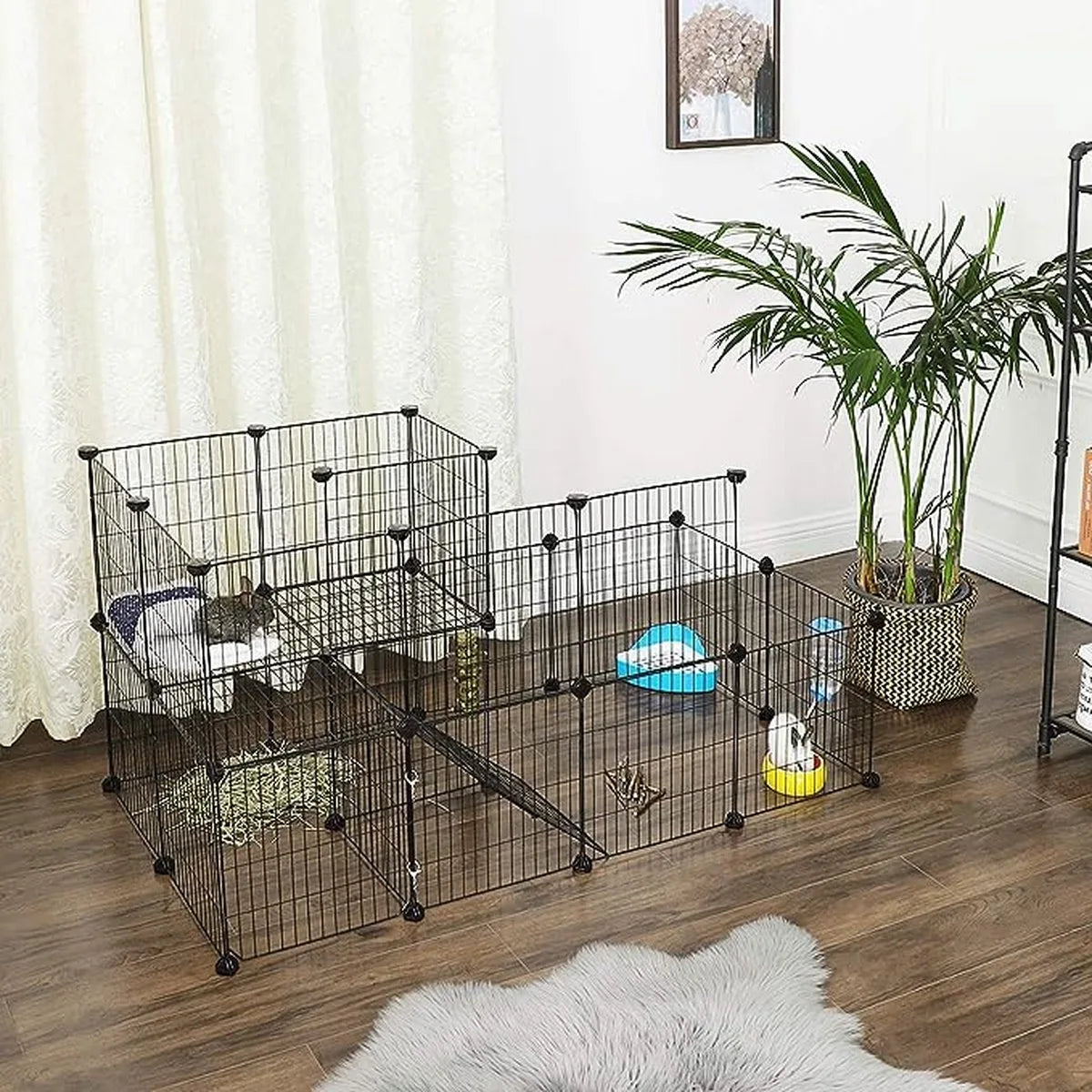 FurnStar - Dierenren - 2 Niveaus - Modulaire Ren Voor Kleine Dieren - Konijnen - Cavia's - Gaaspanelen - Voor Binnengebruik - 143 x 73 x 71 cm - Zwart