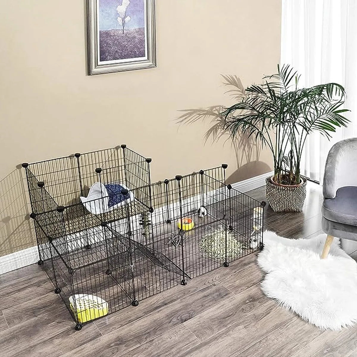 FurnStar - Dierenren - 2 Niveaus - Modulaire Ren Voor Kleine Dieren - Konijnen - Cavia's - Gaaspanelen - Voor Binnengebruik - 143 x 73 x 71 cm - Zwart