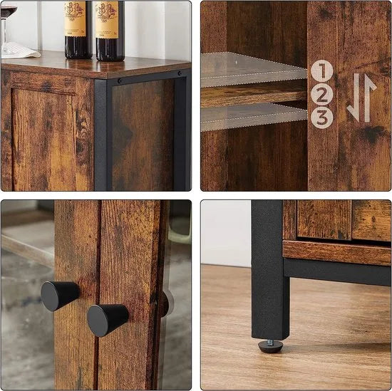 FurnStar - Dressoir -Keukenkast - Opbergkast met 3 deuren voor Woonkamer - Keuken - Eetkamer - 110 x 33 x 75 cm - Industriële stijl - 110 x 33 x 75 cm - Vintage Bruin Zwart