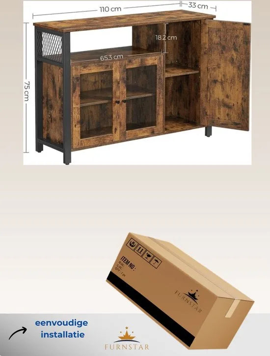 FurnStar - Dressoir -Keukenkast - Opbergkast met 3 deuren voor Woonkamer - Keuken - Eetkamer - 110 x 33 x 75 cm - Industriële stijl - 110 x 33 x 75 cm - Vintage Bruin Zwart