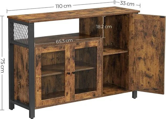 FurnStar - Dressoir -Keukenkast - Opbergkast met 3 deuren voor Woonkamer - Keuken - Eetkamer - 110 x 33 x 75 cm - Industriële stijl - 110 x 33 x 75 cm - Vintage Bruin Zwart