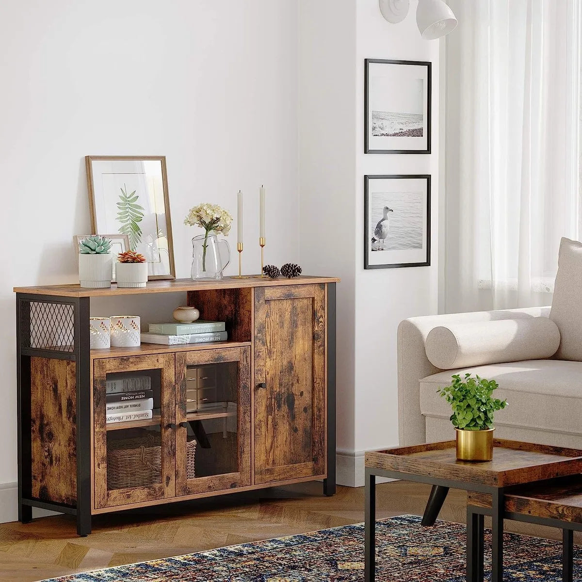 FurnStar - Dressoir -Keukenkast - Opbergkast met 3 deuren voor Woonkamer - Keuken - Eetkamer - 110 x 33 x 75 cm - Industriële stijl - 110 x 33 x 75 cm - Vintage Bruin Zwart