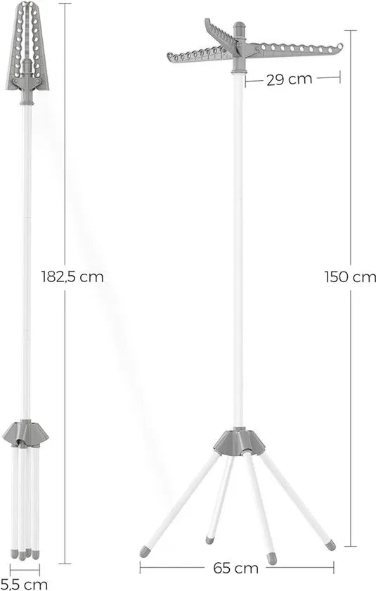 FurnStar Droogrek - Droogmolen met 3 Draaibare Armen - 4 Poten - Voor Binnen - Roestvrij Staal - Voor Maximaal 27 Kledingstukken - 150 cm Hoog - Wit-Zilver LLR510W01 – Grijs -wit