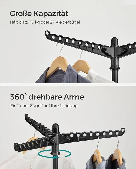 FurnStar Droogrek - Droogmolen met 3 Draaibare Armen - 4 Poten - Voor Binnen - Roestvrij Staal - Voor Maximaal 27 Kledingstukken - 150 cm Hoog - Wit-Zilver LLR510W01 – Zwart