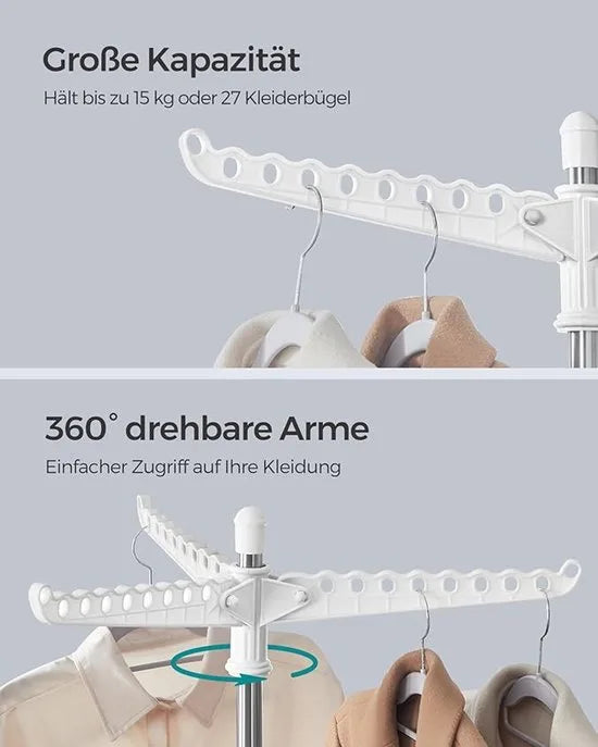 FurnStar Droogrek - Droogmolen met 3 Draaibare Armen - 4 Poten - Voor Binnen - Roestvrij Staal - Voor Maximaal 27 Kledingstukken - 150 cm Hoog - Wit-Zilver LLR510W01