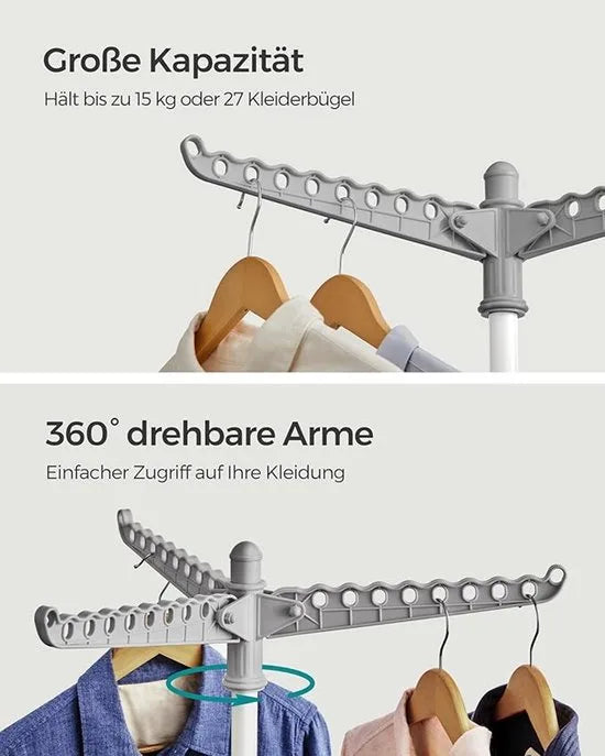FurnStar Droogrek - Droogmolen met 3 Draaibare Armen - 4 Poten - Voor Binnen - Roestvrij Staal - Voor Maximaal 27 Kledingstukken - 150 cm Hoog - Grijs-Wit LLR510G01