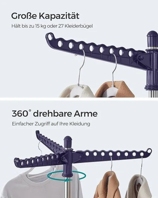 FurnStar Droogrek - Droogmolen met 3 Draaibare Armen - 4 Poten - Voor Binnen - Roestvrij Staal - Voor Maximaal 27 Kledingstukken - 150 cm Hoog - Blauw Zilver - LLR510Q01