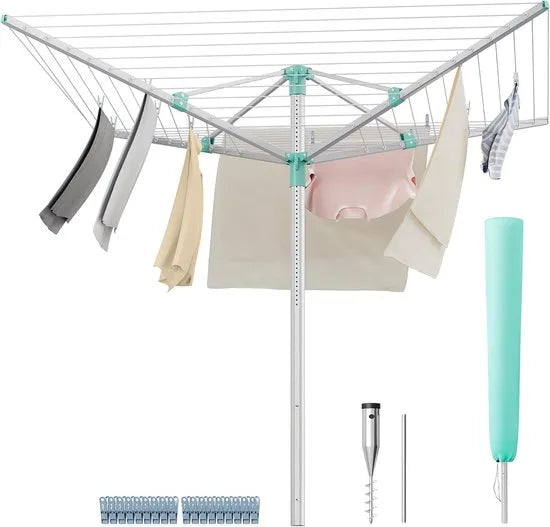 Furnstar Droogrek in hoogte verstelbaar 50 m waslijn voor 5 wasmachineladingen outdoor tuin met bodemhuls wasknijpers zilver-groen LLR301E01