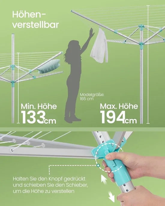 Furnstar - Droogrek in hoogte verstelbaar 60 m waslijn voor 6 wasmachineladingen outdoor tuin met bodemhuls wasknijpers zilver-groen LLR302E01