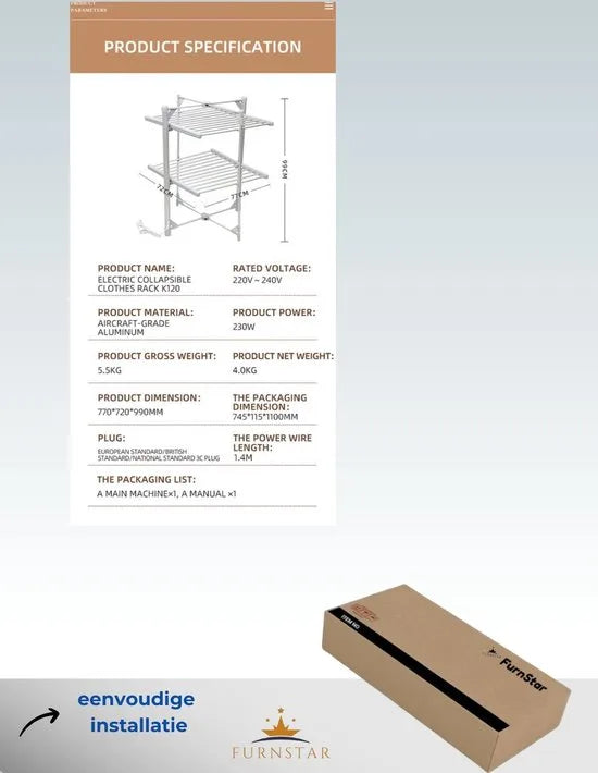FurnStar - Droogrek K120 - Elektrische droogrek - Verwarmde Wasrek - ‎Droogrek met Verwarming - 72 x 77 x 99 cm - Grijs