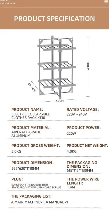 FurnStar - Droogrek K130 - Elektrische droogrek - Verwarmde Wasrek - ‎Droogrek met Verwarming - 59.5 x 62 x 110 cm - Grijs