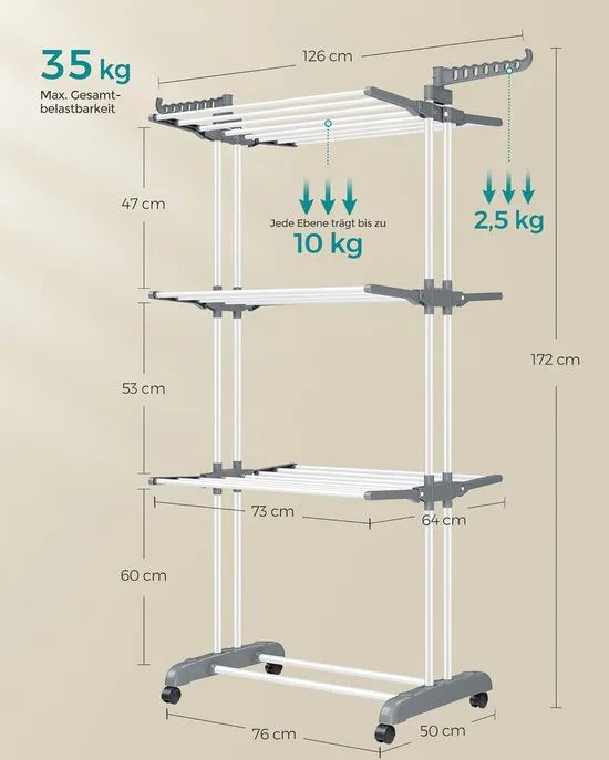FurnStar - Drying Rack - Standing Drying Rack - 4 levels - Wing Washing Rack - Folding Wings - With Wheels - 64 x 126 x 172 CM