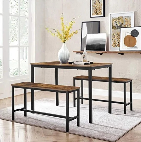 FurnStar - Eettafel Set - Keukentafel Set -110 x 70 x 75 cm - met 2 banken elk 97 x 30 x 50 cm, metalen frame, voor keuken, woonkamer, eetkamer, industrieel ontwerp, vintage bruin-zwart