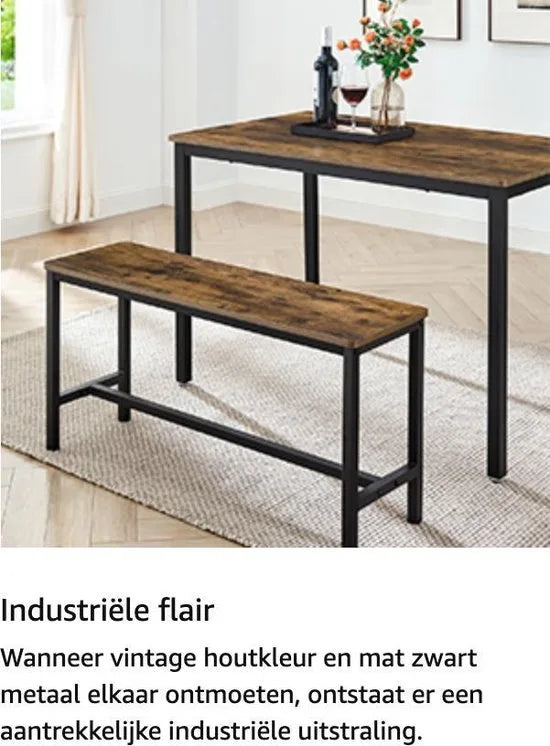 FurnStar - Eettafel Set - Keukentafel Set -110 x 70 x 75 cm - met 2 banken elk 97 x 30 x 50 cm, metalen frame, voor keuken, woonkamer, eetkamer, industrieel ontwerp, vintage bruin-zwart