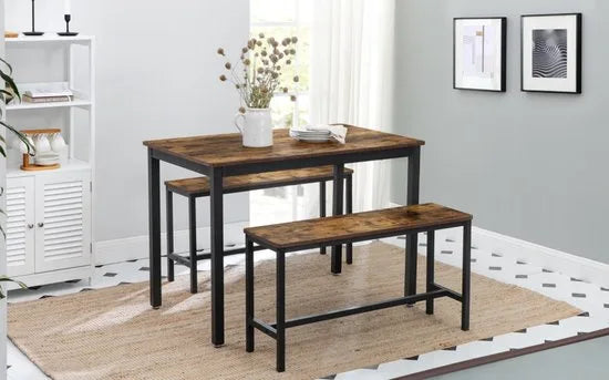 FurnStar - Eettafel Set - Keukentafel Set -110 x 70 x 75 cm - met 2 banken elk 97 x 30 x 50 cm, metalen frame, voor keuken, woonkamer, eetkamer, industrieel ontwerp, vintage bruin-zwart