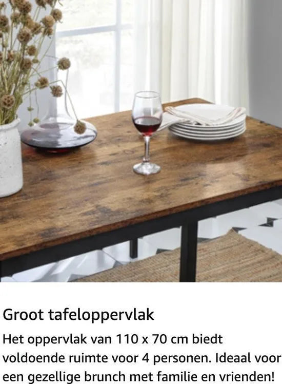 FurnStar - Eettafel Set - Keukentafel Set -110 x 70 x 75 cm - met 2 banken elk 97 x 30 x 50 cm, metalen frame, voor keuken, woonkamer, eetkamer, industrieel ontwerp, vintage bruin-zwart
