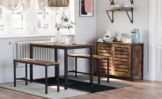 FurnStar - Eettafel Set - Keukentafel Set -110 x 70 x 75 cm - met 2 banken elk 97 x 30 x 50 cm, metalen frame, voor keuken, woonkamer, eetkamer, industrieel ontwerp, vintage bruin-zwart
