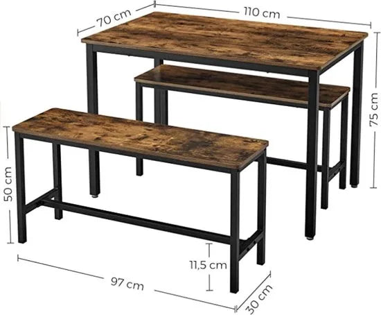 FurnStar - Eettafel Set - Keukentafel Set -110 x 70 x 75 cm - met 2 banken elk 97 x 30 x 50 cm, metalen frame, voor keuken, woonkamer, eetkamer, industrieel ontwerp, vintage bruin-zwart