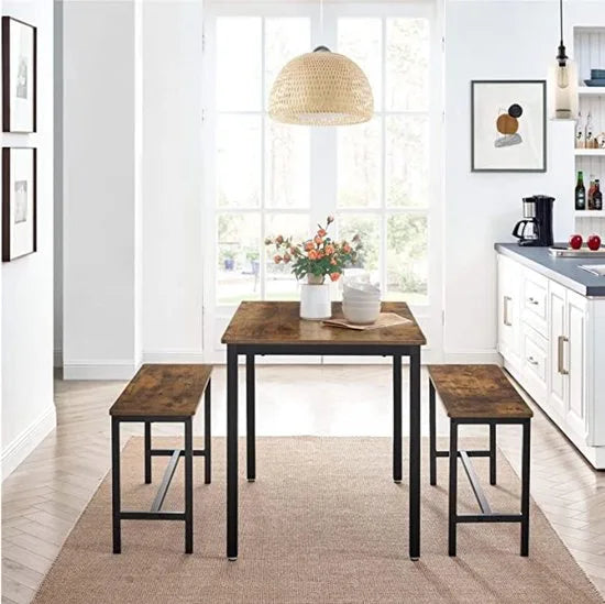 FurnStar - Eettafel Set - Keukentafel Set -110 x 70 x 75 cm - met 2 banken elk 97 x 30 x 50 cm, metalen frame, voor keuken, woonkamer, eetkamer, industrieel ontwerp, vintage bruin-zwart