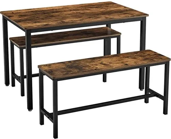 FurnStar - Eettafel Set - Keukentafel Set -110 x 70 x 75 cm - met 2 banken elk 97 x 30 x 50 cm, metalen frame, voor keuken, woonkamer, eetkamer, industrieel ontwerp, vintage bruin-zwart