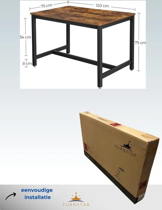 Furnstar Eettafel voor 4 Personen – 120 x 75 x 75 cm – Industrieel Design – Rustiek Bruin/Zwart
