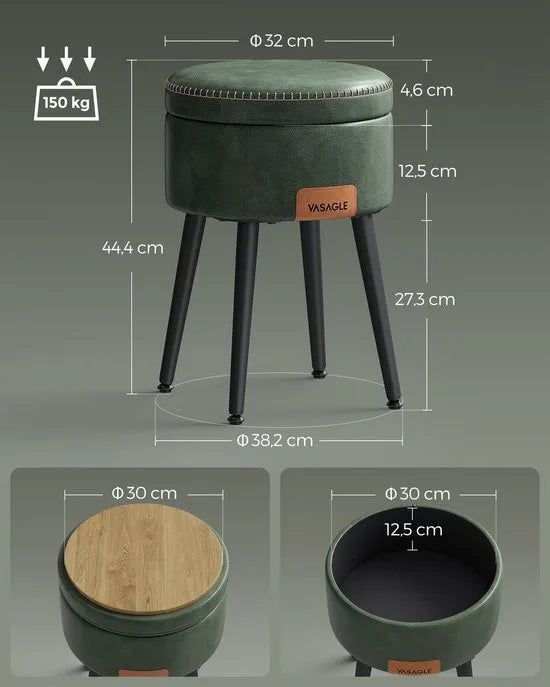 Furnstar EKHO Opbergpoef – Kruk voor Kaptafel of Voetenbank – Rond met Opbergruimte – PU met Stiknaden – Mid-Century Modern – Groen