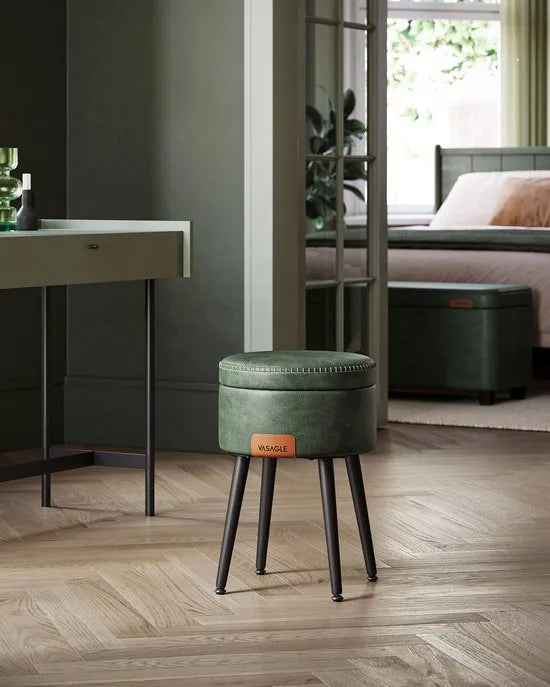 Furnstar EKHO Opbergpoef – Kruk voor Kaptafel of Voetenbank – Rond met Opbergruimte – PU met Stiknaden – Mid-Century Modern – Groen