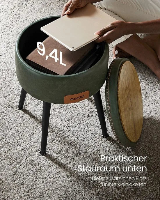Furnstar EKHO Opbergpoef – Kruk voor Kaptafel of Voetenbank – Rond met Opbergruimte – PU met Stiknaden – Mid-Century Modern – Groen