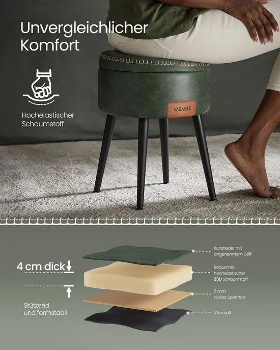 Furnstar EKHO Opbergpoef – Kruk voor Kaptafel of Voetenbank – Rond met Opbergruimte – PU met Stiknaden – Mid-Century Modern – Groen