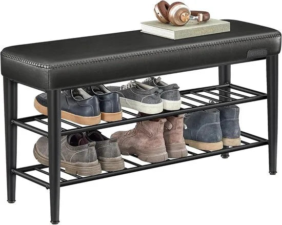 FurnStar EKHO Schoenenbank – Zitkist en Zitbank – Entreebank met Opbergruimte – Kunstleer met Stiksels – Jaren ’60 Moderne Stijl – Tot 135 kg – 30 x 100 x 50 cm – Inktzwart