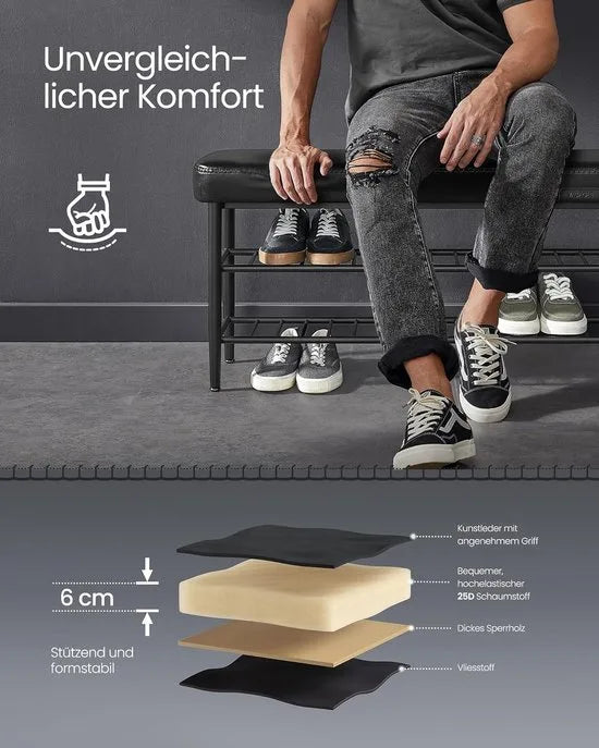 FurnStar EKHO Schoenenbank – Zitkist en Zitbank – Entreebank met Opbergruimte – Kunstleer met Stiksels – Jaren ’60 Moderne Stijl – Tot 135 kg – 30 x 100 x 50 cm – Inktzwart