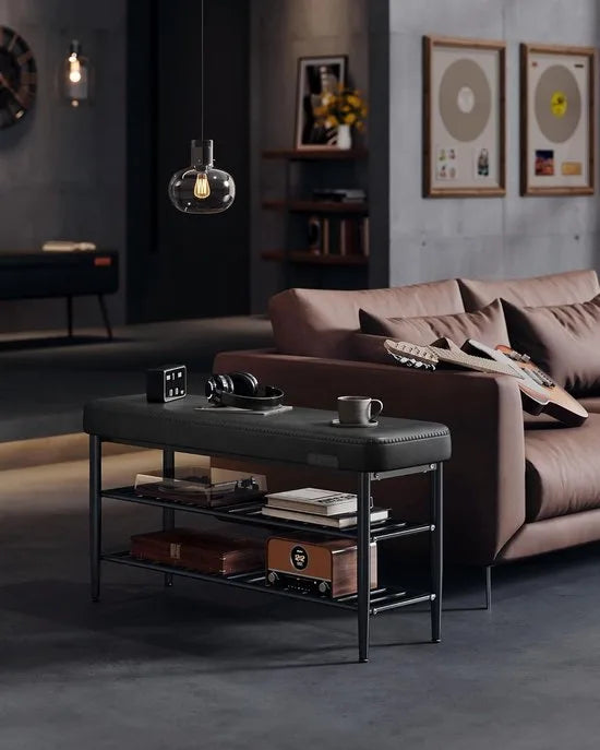 FurnStar EKHO Schoenenbank – Zitkist en Zitbank – Entreebank met Opbergruimte – Kunstleer met Stiksels – Jaren ’60 Moderne Stijl – Tot 135 kg – 30 x 100 x 50 cm – Inktzwart