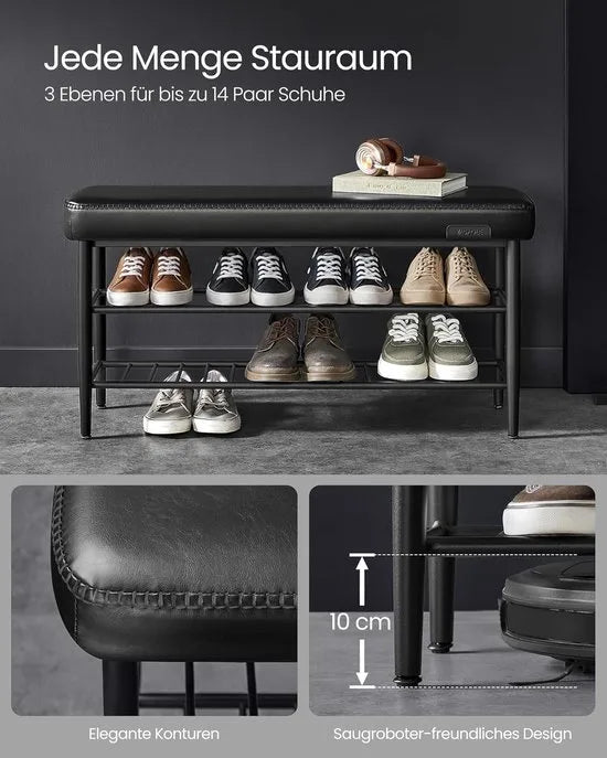 FurnStar EKHO Schoenenbank – Zitkist en Zitbank – Entreebank met Opbergruimte – Kunstleer met Stiksels – Jaren ’60 Moderne Stijl – Tot 135 kg – 30 x 100 x 50 cm – Inktzwart