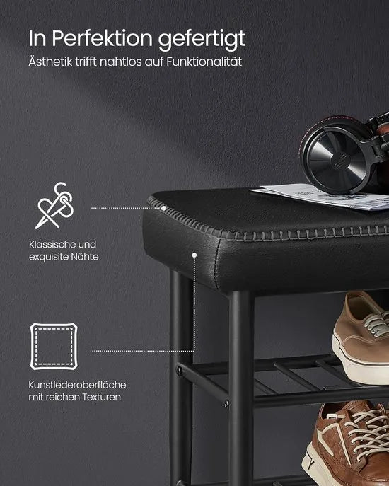 FurnStar EKHO Schoenenbank – Zitkist en Zitbank – Entreebank met Opbergruimte – Kunstleer met Stiksels – Jaren ’60 Moderne Stijl – Tot 135 kg – 30 x 100 x 50 cm – Inktzwart