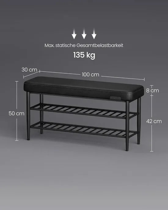 FurnStar EKHO Schoenenbank – Zitkist en Zitbank – Entreebank met Opbergruimte – Kunstleer met Stiksels – Jaren ’60 Moderne Stijl – Tot 135 kg – 30 x 100 x 50 cm – Inktzwart