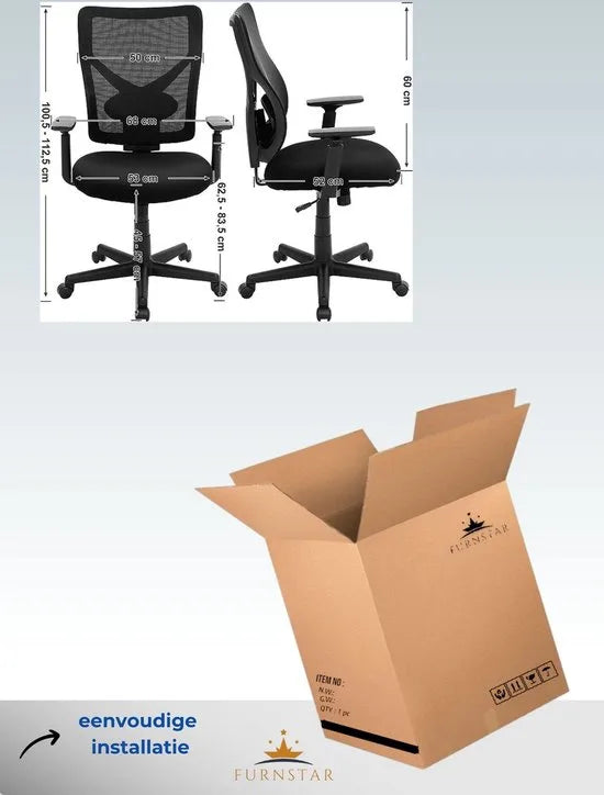 FurnStar - Ergonomische Bureaustoel - Computerstoel Met Kantelmechanisme - Verstelbare Armleuningen - Draagvermogen Tot 120 Kg - Zwart