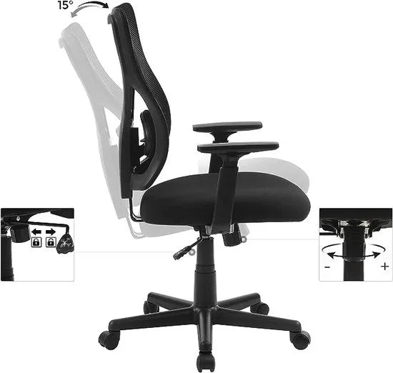 FurnStar - Ergonomische Bureaustoel - Computerstoel Met Kantelmechanisme - Verstelbare Armleuningen - Draagvermogen Tot 120 Kg - Zwart