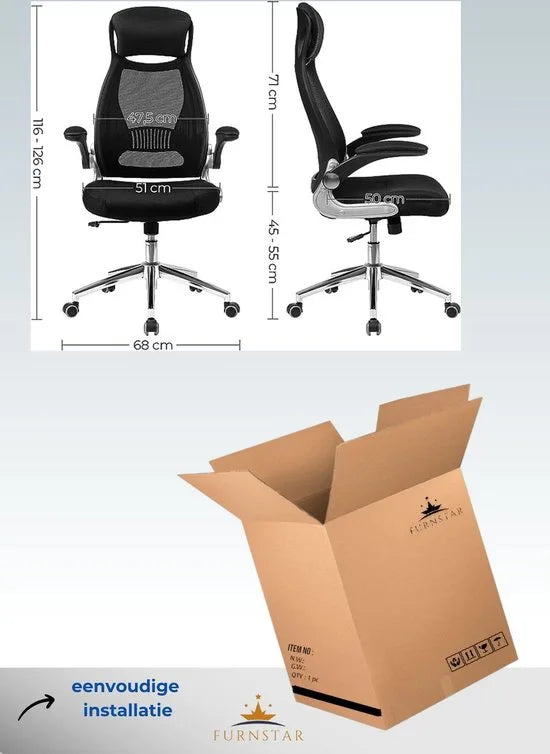 FurnStar - Ergonomische bureaustoel - Draaibare hoogte en verstelbare armleuningen - Ademende canvas rugleuning - 64 x 55 x (117-126,5) cm - Zwart