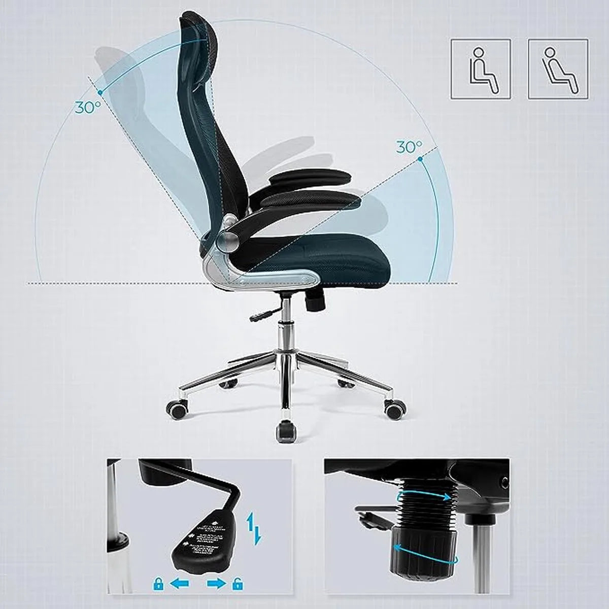 FurnStar - Ergonomische bureaustoel - Draaibare hoogte en verstelbare armleuningen - Ademende canvas rugleuning - 64 x 55 x (117-126,5) cm - Zwart