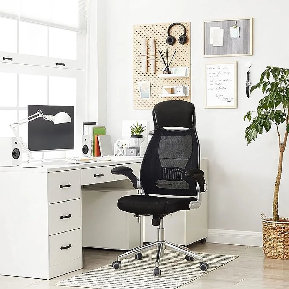 FurnStar - Ergonomische bureaustoel - Draaibare hoogte en verstelbare armleuningen - Ademende canvas rugleuning - 64 x 55 x (117-126,5) cm - Zwart