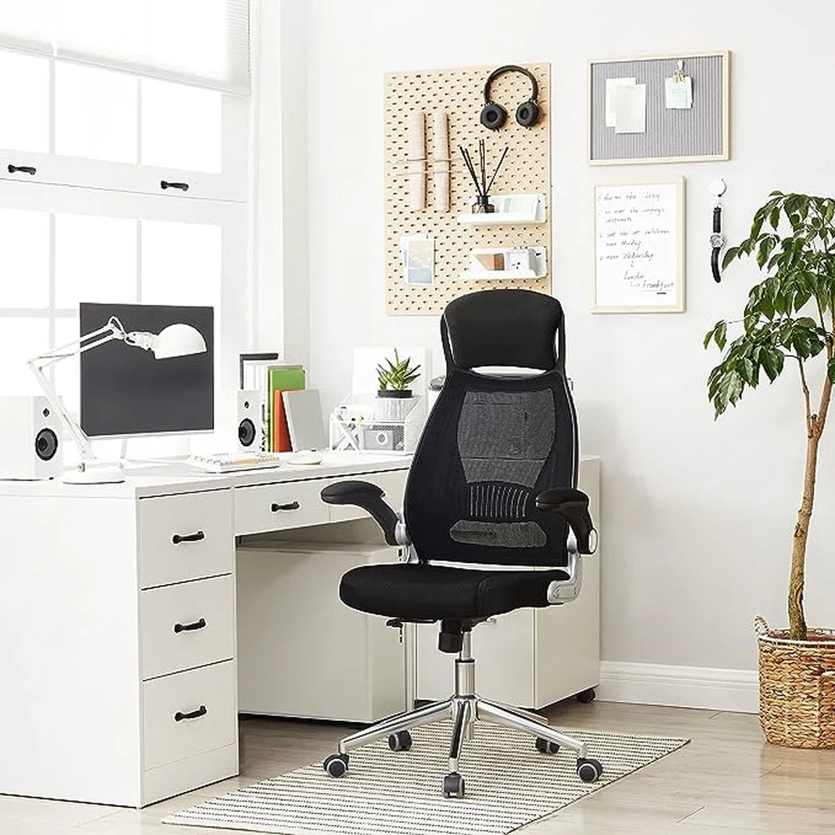 FurnStar - Ergonomische bureaustoel - Draaibare hoogte en verstelbare armleuningen - Ademende canvas rugleuning - 64 x 55 x (117-126,5) cm - Zwart