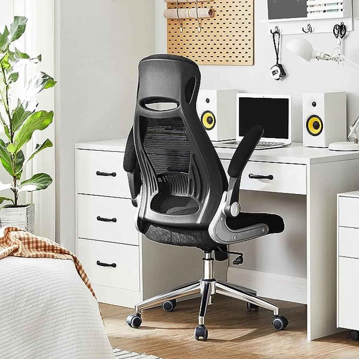 FurnStar - Ergonomische bureaustoel - Draaibare hoogte en verstelbare armleuningen - Ademende canvas rugleuning - 64 x 55 x (117-126,5) cm - Zwart